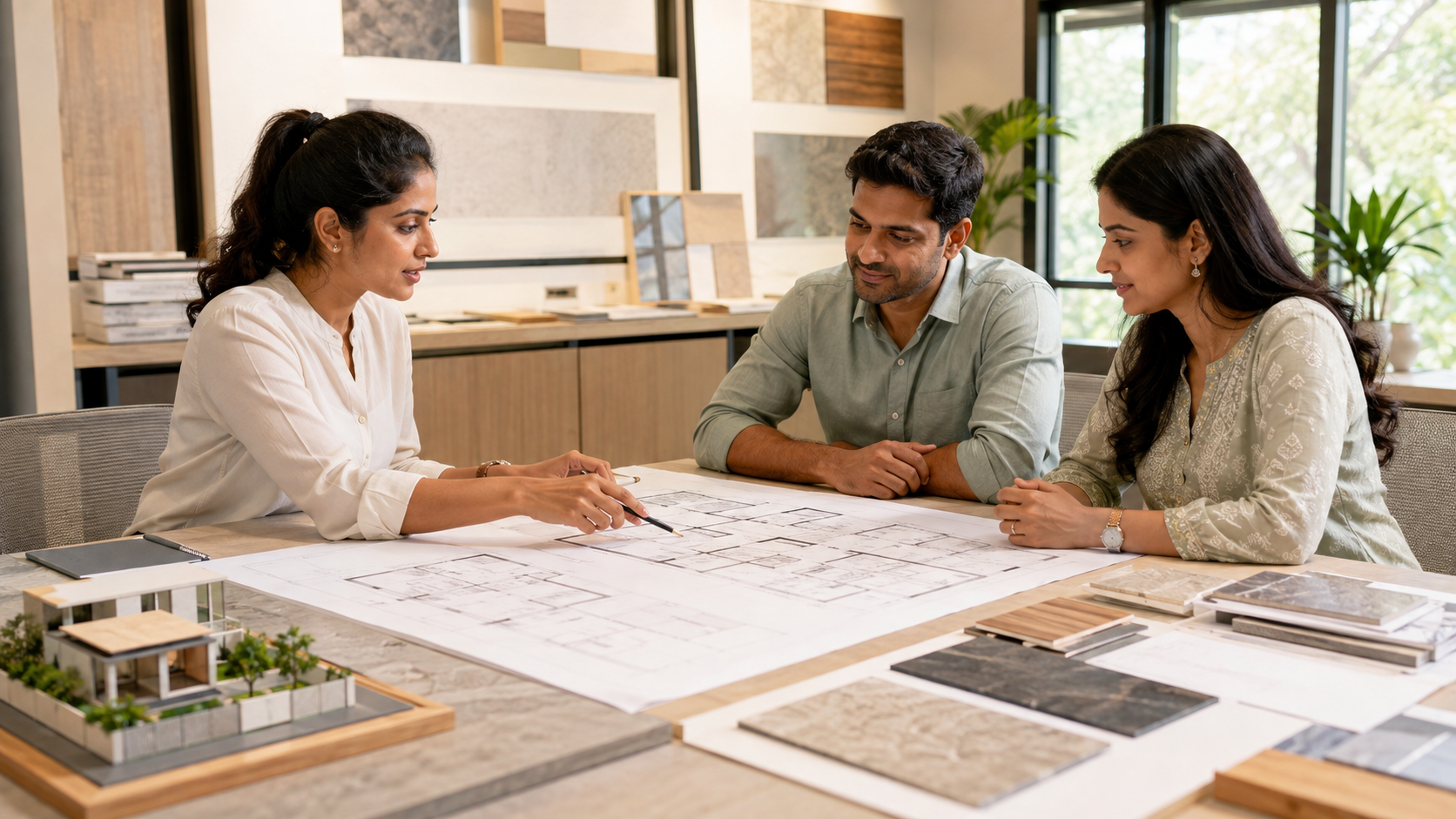 Architect discussing floor plans with homeowners in Chennai