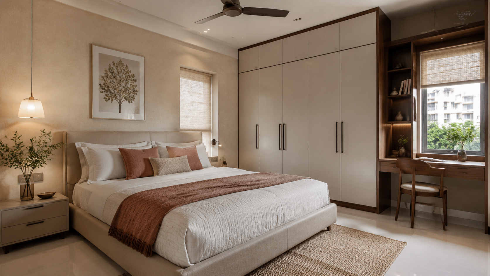Contemporary bedroom with wardrobe and study interior in Chennai