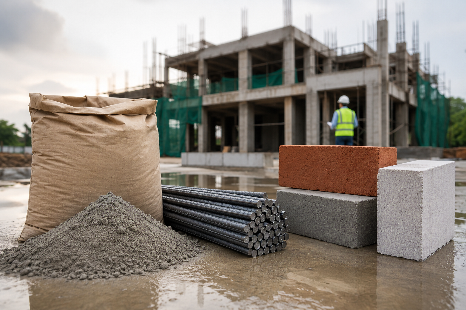Cement, TMT steel, red brick, fly-ash brick and AAC block at a Chennai construction site