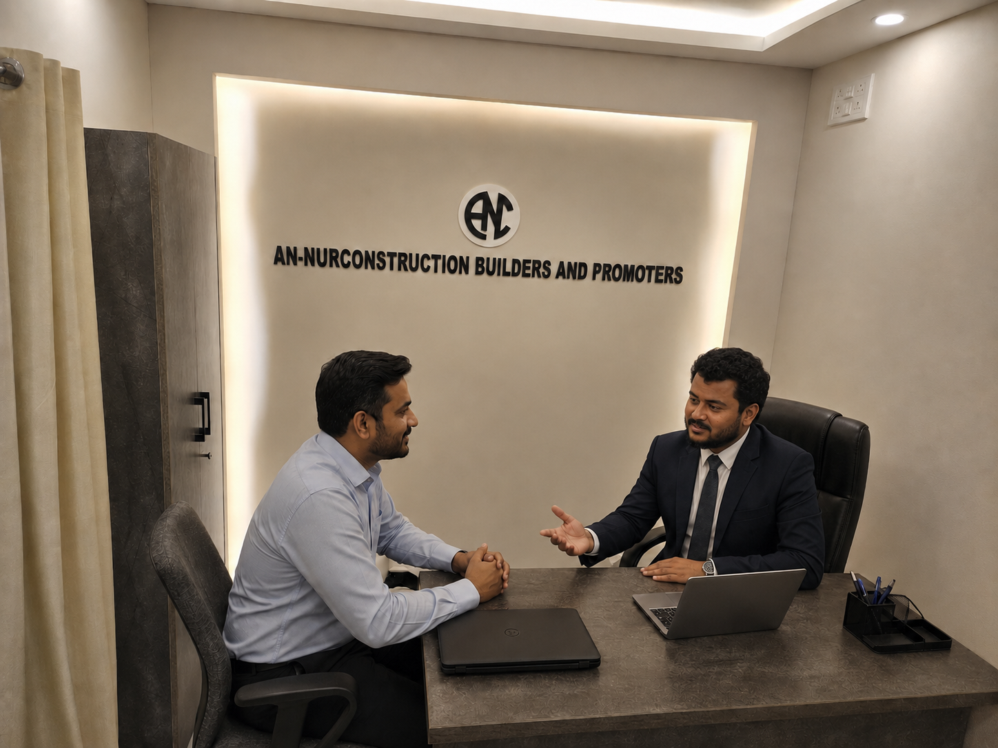 Director Syed Kashif discussing construction planning with a client at the An-Nur Construction office